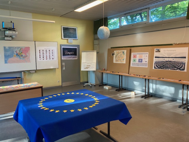 The Asteroid Alarm escape game as it was set up in the B8 classroom at Kätze Kollwitz school in Hannover in June 2023. A separate room was used for the briefing and debriefing sessions. 